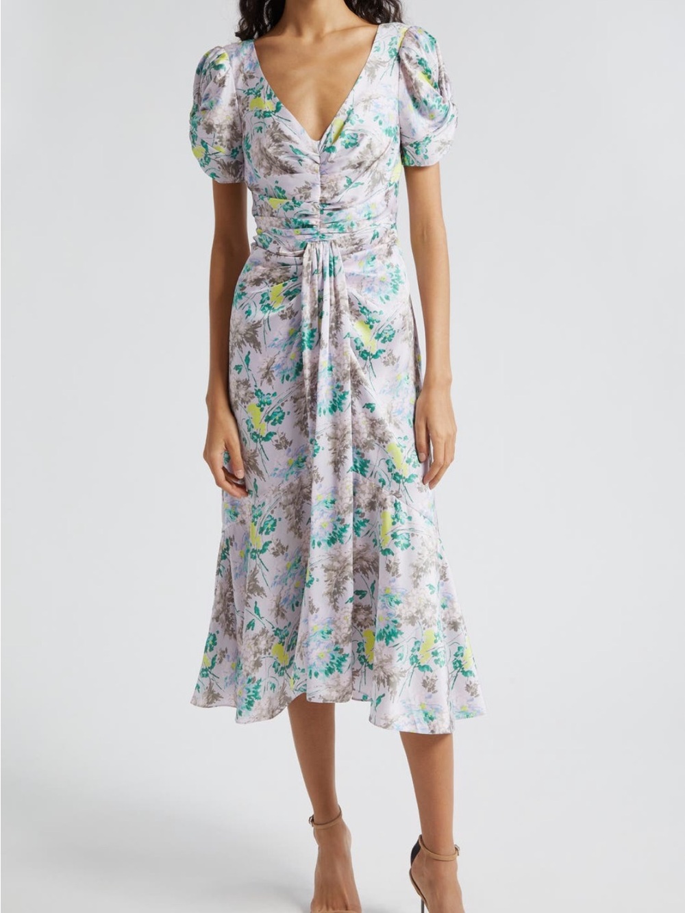 cinq à sept Lilac Floral Midi Dress with Green and Yellow Accents